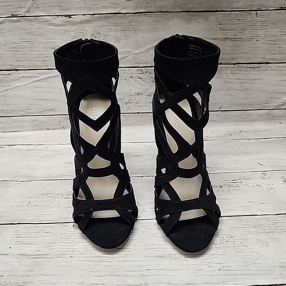 ALDO Black Strappy Sandal Faux Suede Stiletto High Heel Shoes Womens Size 7.5 - Picture 3 of 11